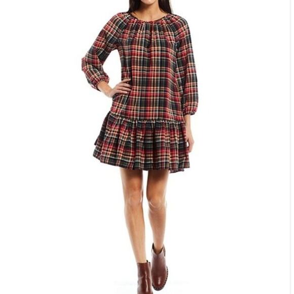 LDT Rachel Plaid Round Neck 3/4 Puff Sleeve Ruffled Poof Waistless Dress SIze 6 - Picture 12 of 12